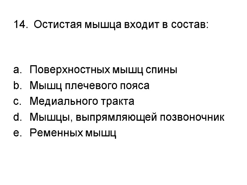 Остистая мышца входит в состав:  Поверхностных мышц спины Мышц плечевого пояса Медиального тракта